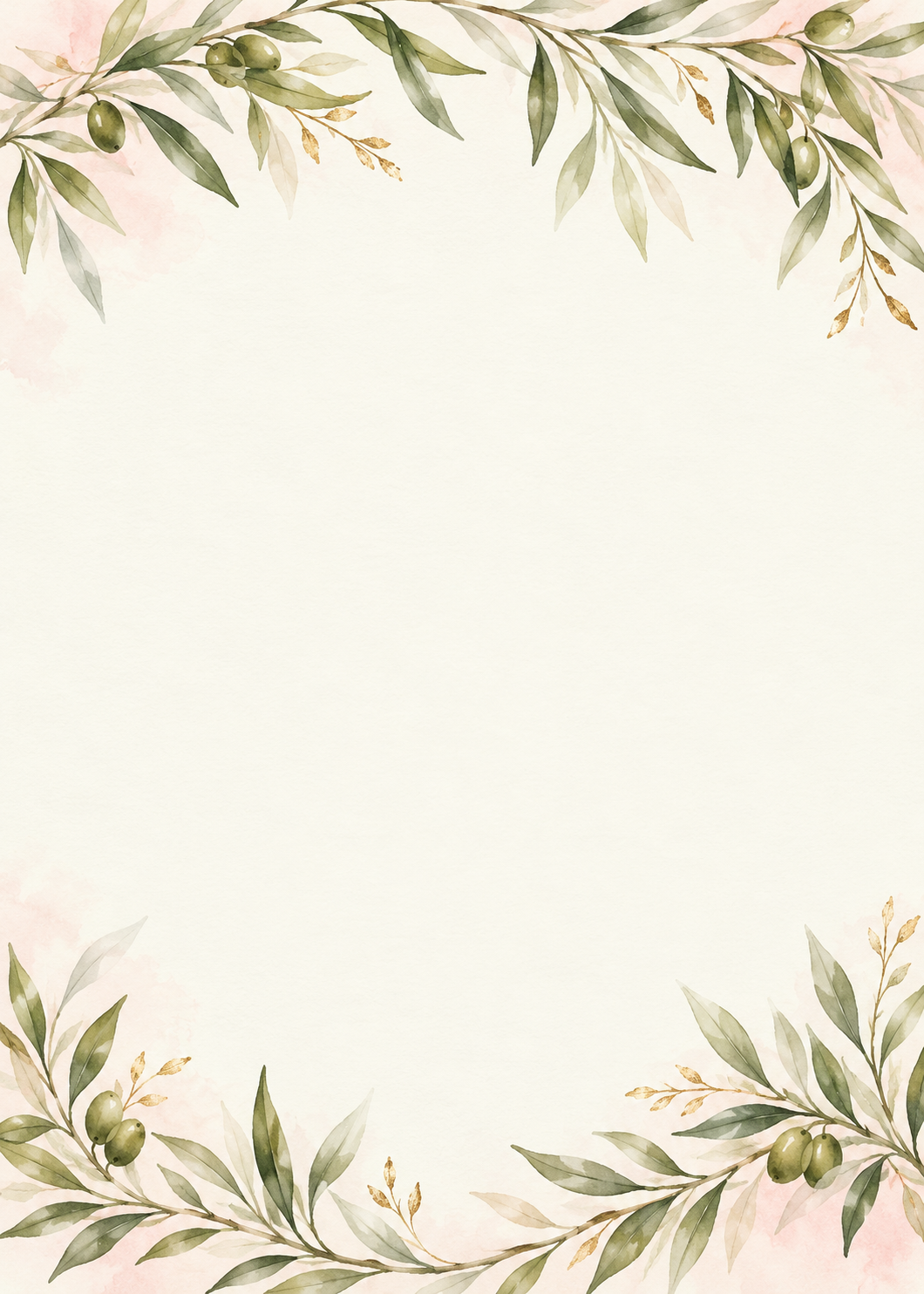 Watercolor olive branches with soft pink and ivory accents